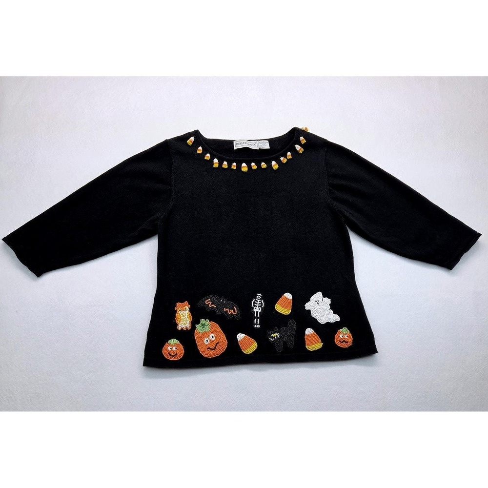 Bellepointe Vtg Halloween Beaded Sweater Top Black Ramie Cotton Lg Cottagegoth